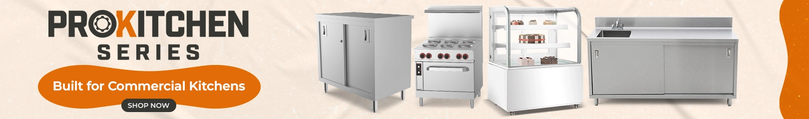 ProKitchen Series commercial kitchen equipment including storage cabinets, commercial ranges, display cases, and prep tables for restaurants and foodservice operations.