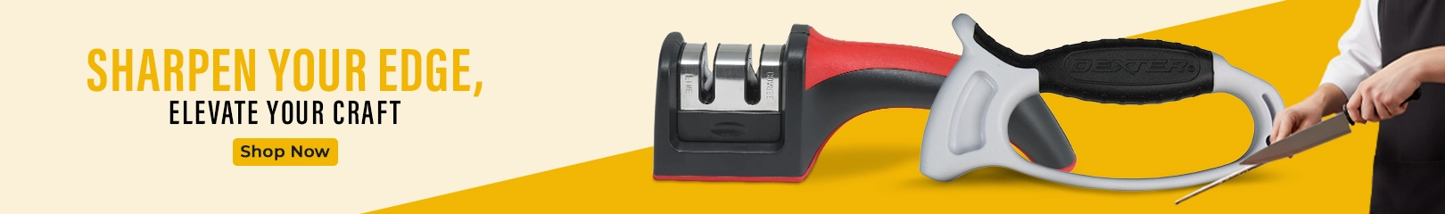 Knife sharpener and honing steel tools shown for sharpening chef knives and improving cutting precision in kitchens.