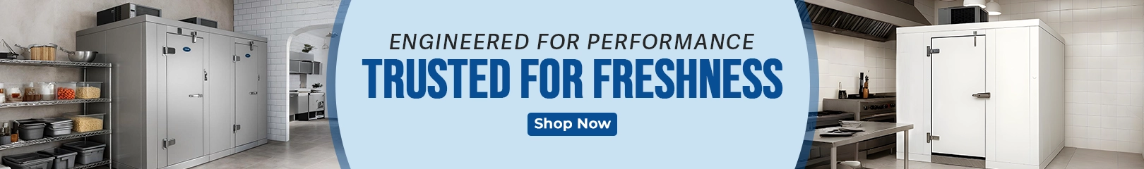 Commercial walk-in coolers in stainless steel and white finishes shown in kitchen settings, with a chef pointing to a banner promoting freshness and reliable performance.