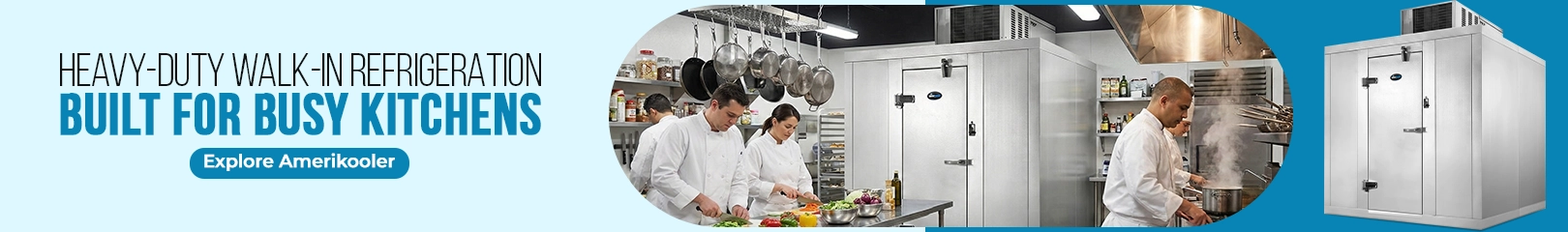 Amerikooler heavy-duty walk-in refrigerator with professional chefs preparing food in a commercial kitchen, designed for reliable cold storage in restaurants and hotels.