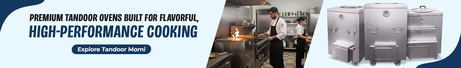 Commercial Tandoor Morni tandoor ovens with professional chefs cooking in a restaurant kitchen, featuring stainless steel high-performance tandoors for Indian and tandoori food preparation.