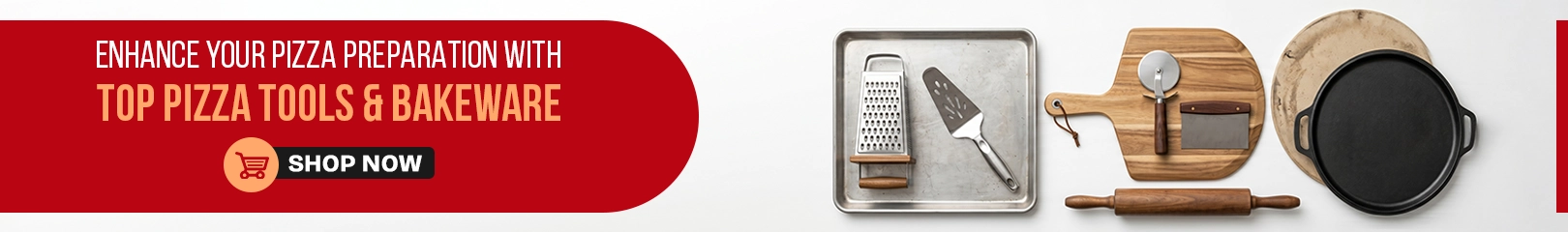 Top pizza tools and bakeware featuring pizza cutter, dough scraper, rolling pin, baking tray, pizza peel, and cast iron pizza pan for efficient pizza preparation in restaurants, pizzerias, and home kitchens.