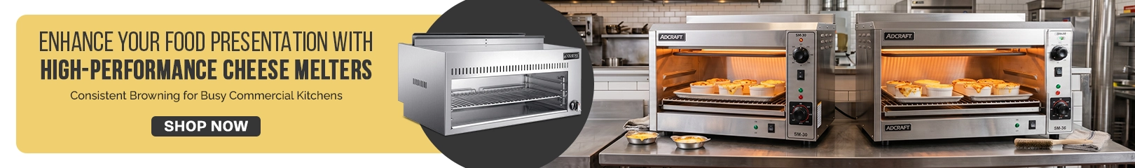 High-performance cheese melters for commercial kitchens featuring countertop salamander broilers and cheese melting ovens designed for consistent browning, finishing dishes, and fast food preparation in restaurants and foodservice operations.