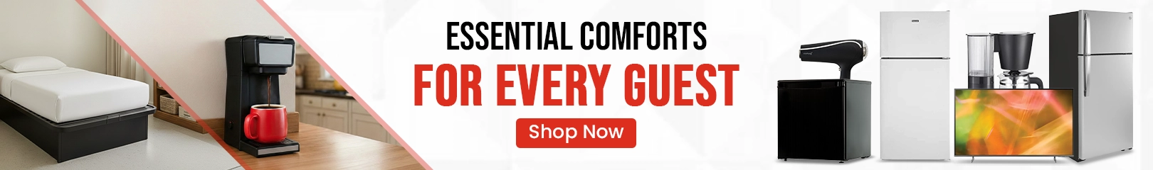 Essential hotel room comforts including beds, coffee makers, mini refrigerators, hair dryers, and in-room appliances