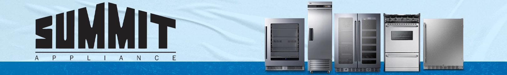 Summit Appliance commercial refrigeration and kitchen equipment including beverage coolers, reach-in refrigerators, display refrigerators, commercial ranges, and undercounter refrigerators.