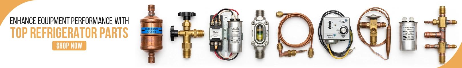 Top refrigerator parts for commercial refrigeration systems featuring filter driers, expansion valves, solenoid valves, sight glasses, temperature controls, capacitors, and HVAC refrigeration components for maintenance and repair.