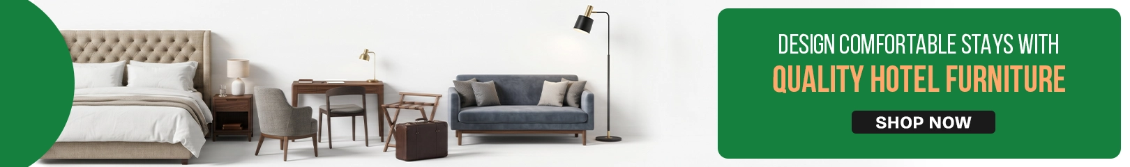 Quality hotel furniture collection featuring upholstered hotel bed, bedside table, writing desk, lounge sofa, accent chair, and hospitality furnishings designed to create comfortable guest room experiences in hotels and resorts.