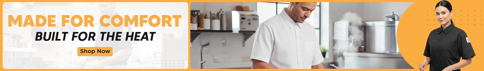 Chef wearing a breathable short sleeve uniform working in a hot commercial kitchen, designed for comfort and heat resistance.