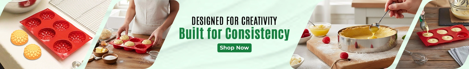 Silicone baking molds and cake rings used for creative desserts, ensuring consistent shapes and professional baking results.