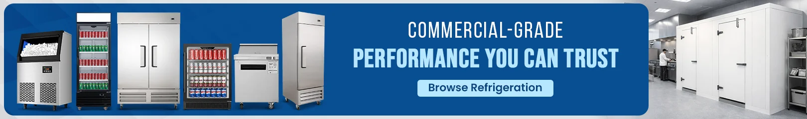 Commercial freezers with glass doors, filled with food items, designed for efficiency in high-demand foodservice environments.