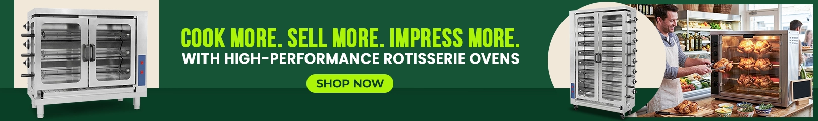 High-performance rotisserie ovens featuring commercial chicken rotisserie ovens, glass door roasting equipment, and professional foodservice cooking solutions designed to increase food production, boost sales, and enhance restaurant operations.