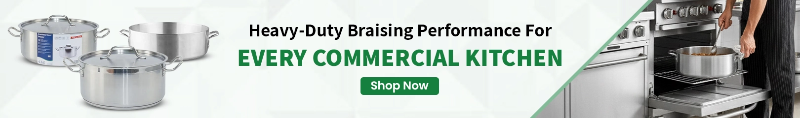 Heavy-duty stainless steel braising pans and stock pots designed for every commercial kitchen