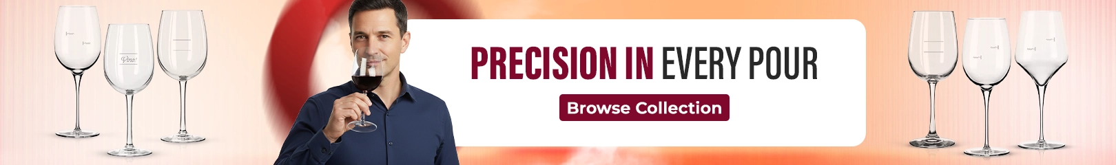 Man tasting wine holding a glass, surrounded by precision wine glasses designed for accurate pours and professional service.