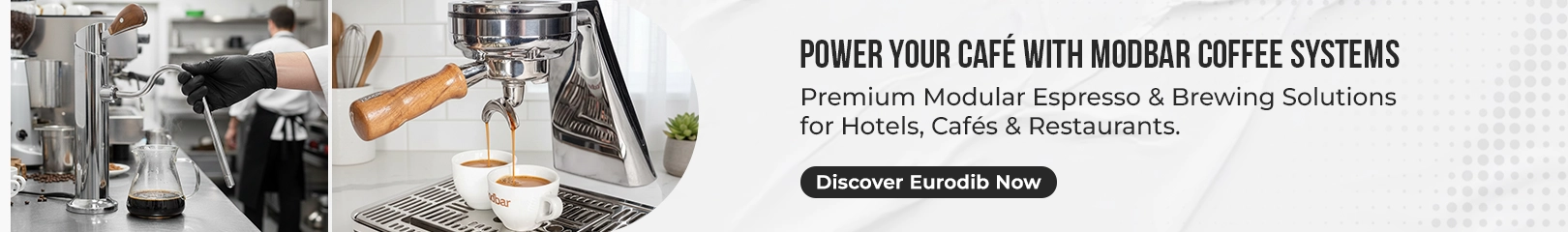 Modbar commercial espresso machine preparing coffee in a professional café