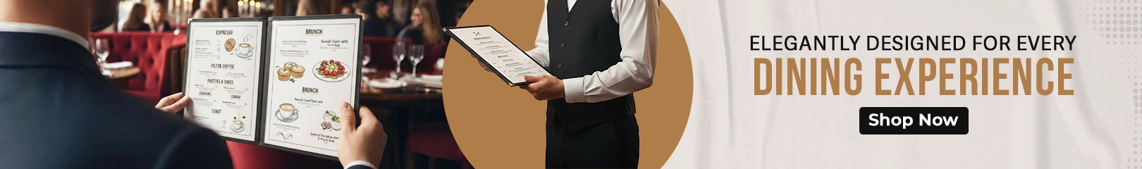 Restaurant menu covers held by a server and guest, designed for elegant presentation and professional dining service.