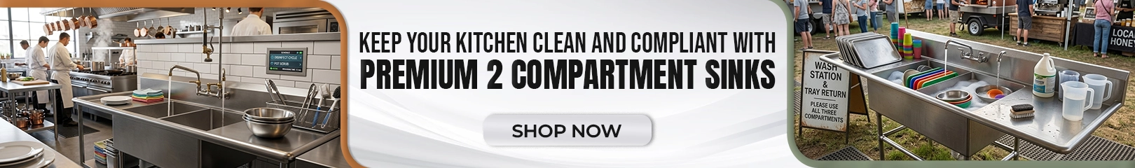 Premium 2 compartment stainless steel commercial sinks for restaurants, food trucks, and commercial kitchens to maintain hygiene, cleaning efficiency, and health code compliance.