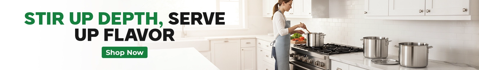 Chef stirring a large stainless steel stock pot on a professional kitchen range to enhance flavor during cooking.