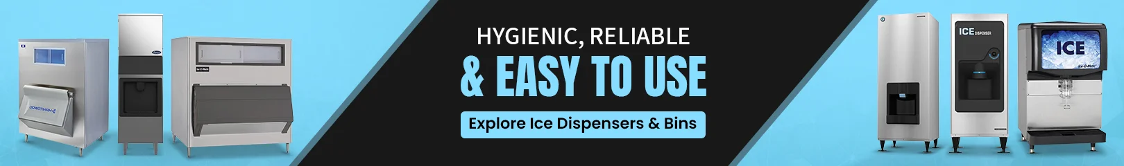 Commercial ice machines of different sizes and designs on a blue background, suitable for high-volume ice production in commercial settings.