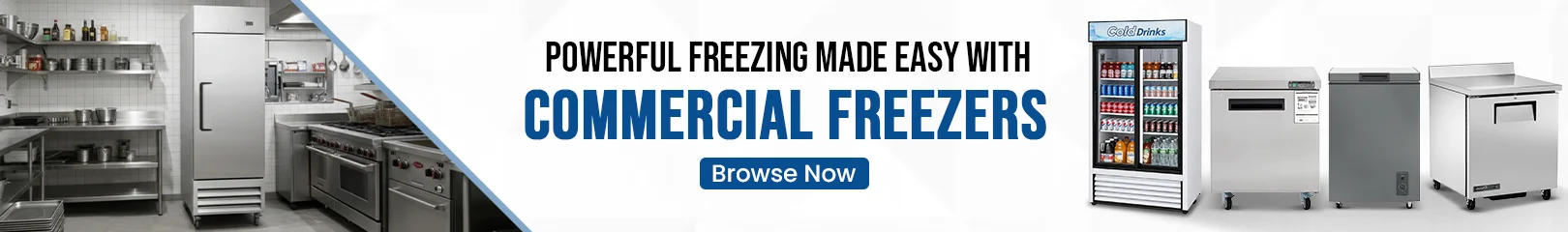 Commercial freezers with glass doors, filled with food items, designed for efficiency in high-demand foodservice environments.