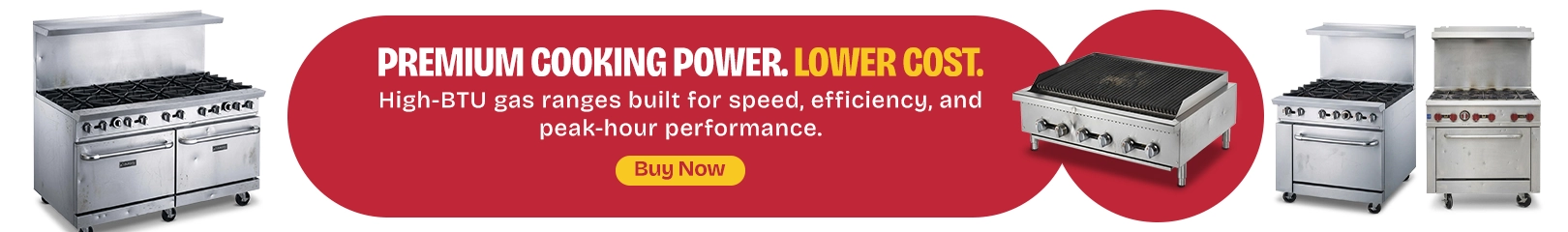 Commercial gas range and grill for restaurant kitchen high BTU cooking equipment with lower cost buy now banner