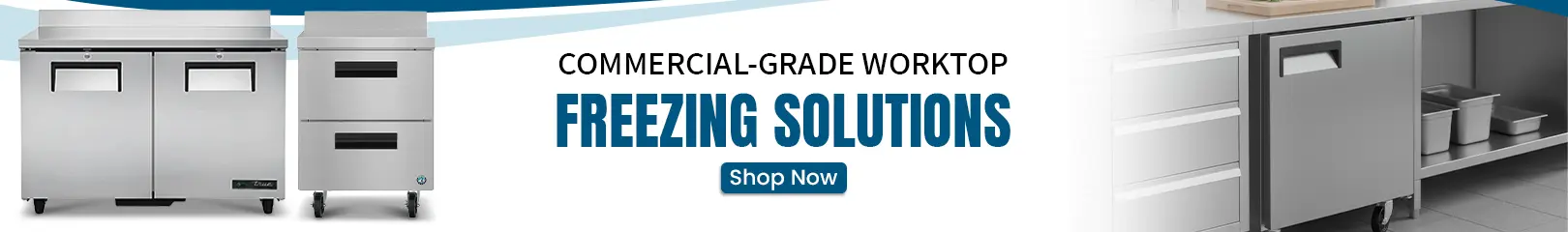 Commercial-grade worktop freezer units with stainless steel design, undercounter drawers, and storage cabinets for professional restaurant kitchens and foodservice operations