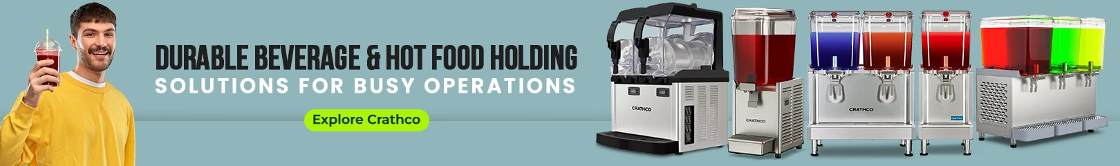 Crathco commercial beverage dispensers and hot food holding equipment with frozen drink machines and juice dispensers for cafés, restaurants, and foodservice operations.
