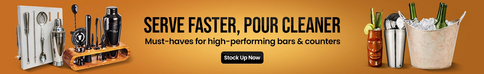 Professional bar tools and beer dispensers including cocktail shakers, mixing spoons, ice buckets, and drinkware for efficient drink service.