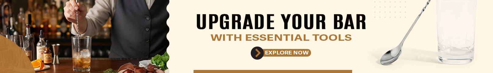 Bar tools and accessories for professional bartending including mixing spoon, glassware, and cocktail preparation setup