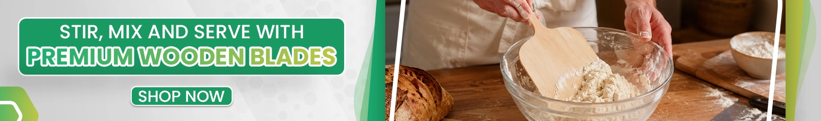 Heavy-duty wooden blades used in bakeries, restaurants, and catering services, Premium wooden blades for mixing, stirring, and serving food, featuring a baker using a wooden paddle to prepare dough.