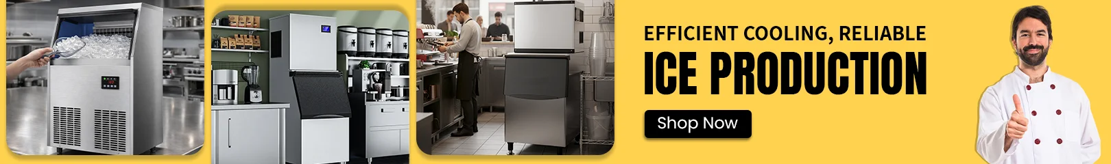 Commercial ice machines of different sizes and designs on a blue background, suitable for high-volume ice production in commercial settings.