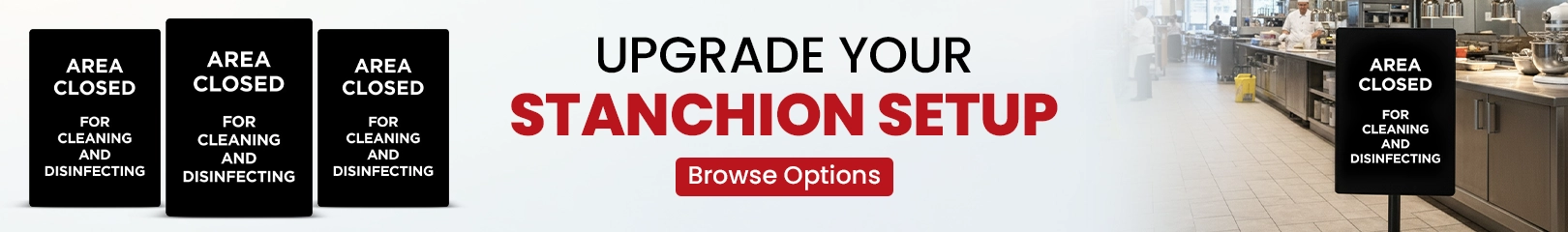 Stanchion setup with area closed signs for cleaning and disinfecting in commercial spaces