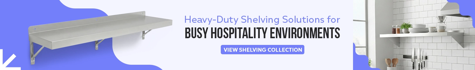 Heavy-duty stainless steel wall shelf installed in a professional kitchen, used for organized storage in hospitality settings