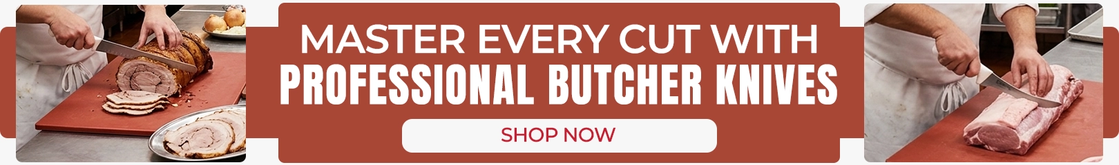 Professional butcher knives used by a chef for carving roasted meat and cutting fresh pork, showcasing precision meat processing tools for commercial kitchens and butcher shops.