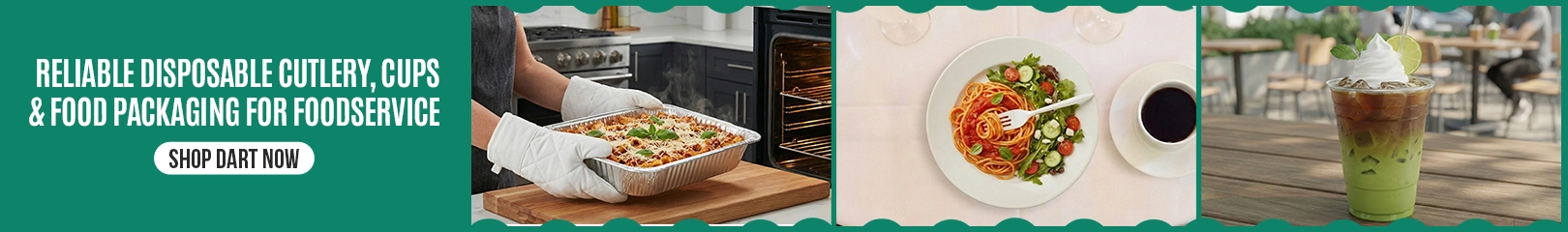 Durable disposable foodservice supplies including foil containers, plastic wraps, paper napkins, disposable cutlery, and packaging essentials with “Durable Disposables. Simple Solutions.” banner and Order Now button.