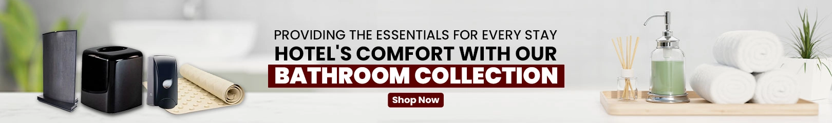 Hotel bathroom accessories including dispenser,waste bin,bath mat, towels,tissue box cover black,toiletries for a cozy and welcoming guest experience.