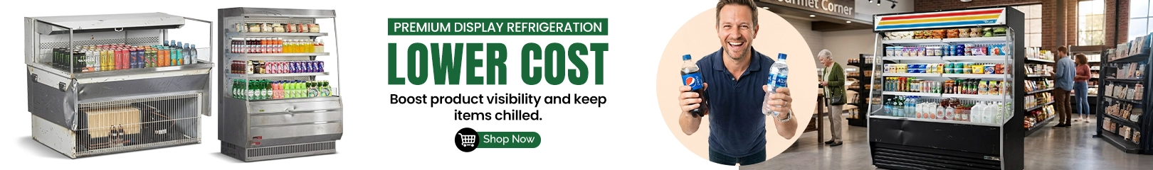 Commercial display refrigeration merchandiser cooler for beverages and retail stores energy efficient display fridge shop now banner