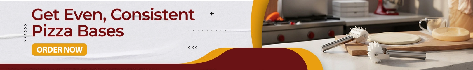 Commercial pizza dough roller tools with fresh pizza base on kitchen counter for even, consistent pizza preparation.