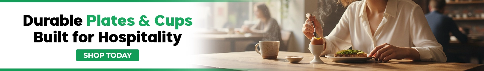 Durable plates and cups built for hospitality use in restaurants, cafés, and hotels