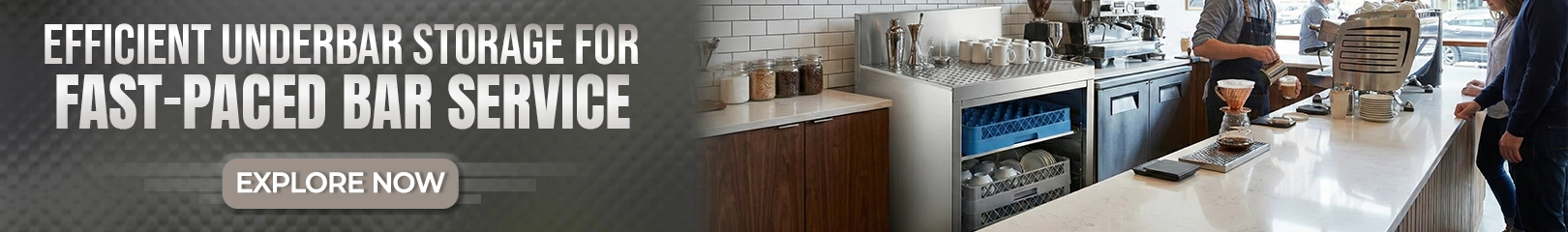 Efficient underbar storage solutions for fast-paced bar service with stainless steel cabinets and shelving
