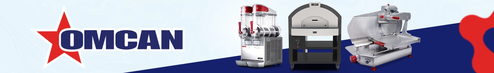 Omcan commercial kitchen equipment including frozen drink machines, pizza ovens, and meat slicers for restaurants, cafés, bakeries, and foodservice operations.