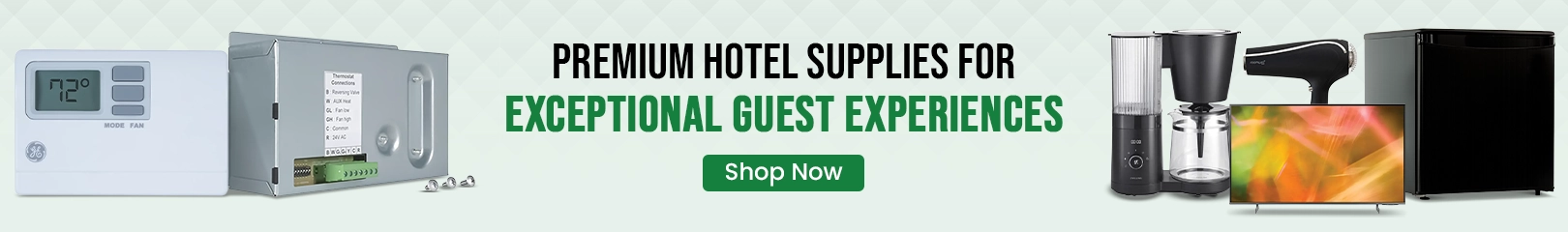 Premium hotel supplies for exceptional guest experiences including room thermostats, appliances, and guest room essentials