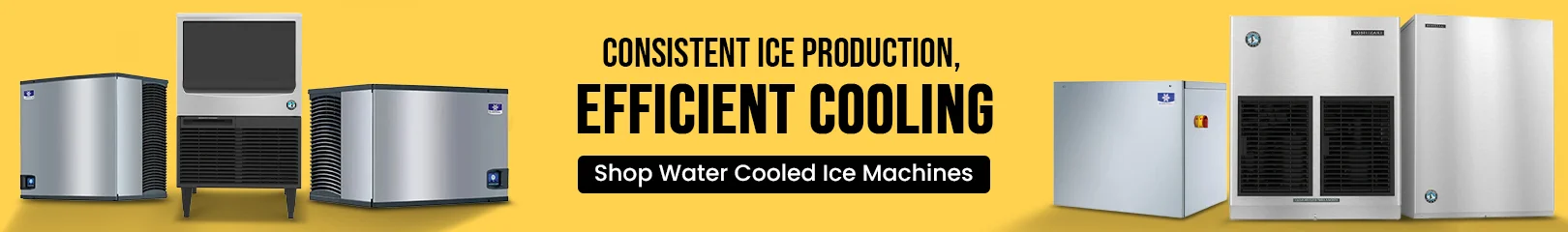 Commercial ice machines of different sizes and designs on a blue background, suitable for high-volume ice production in commercial settings.