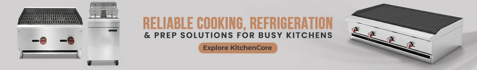 Commercial KitchenCore cooking and refrigeration equipment including gas grill, fryer, and stainless steel prep units for professional restaurant and hotel kitchens.