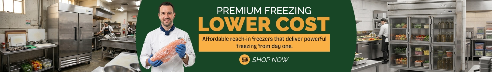 Promotional banner for premium freezing solutions featuring a commercial kitchen scene with reach-in freezers, a chef holding frozen fish, and messaging about lower-cost, high-performance freezing with a “Shop Now” call-to-action.