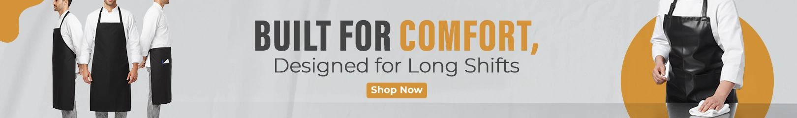 Professional chefs wearing comfortable black aprons, designed for long shifts and daily use in commercial kitchens.