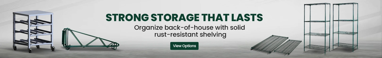 Commercial shelving units and components, including wire racks, epoxy-coated shelves, and mobile storage carts, on a gray background.