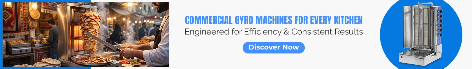 Commercial gyro machine roasting meat for restaurant and food service kitchens