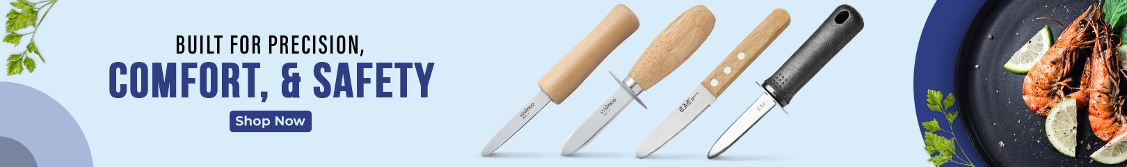 Professional oyster and shucking knives with ergonomic handles, designed for precision, comfort, and safe seafood preparation.