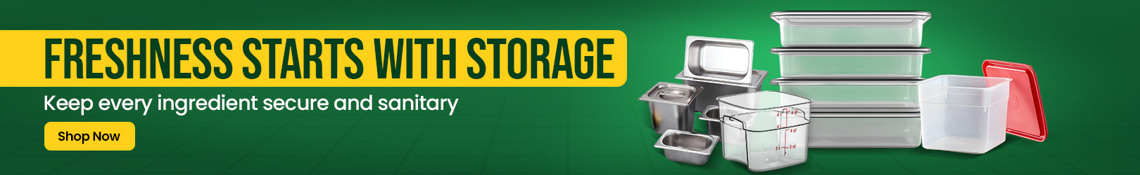 Assorted commercial food storage boxes, containers covers on a green textured background, designed to keep ingredients fresh, secure, and sanitary.