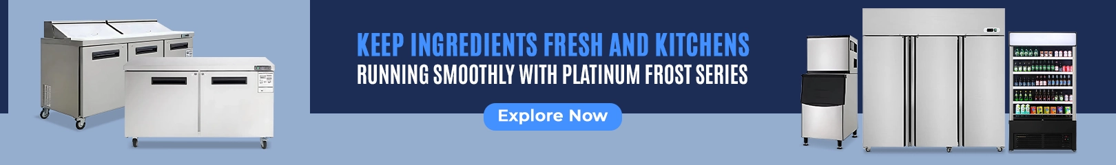 Platinum Frost commercial refrigeration series including upright refrigerators, prep coolers, and beverage display units for food service operations
